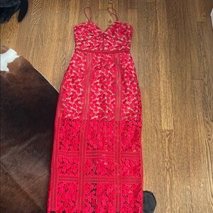 Self-Portrait Red Lace Maxi Dress with Spaghetti Straps